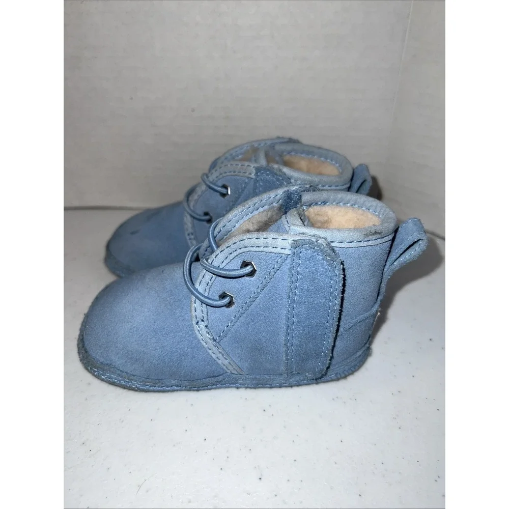 UGG Suede Blue Baby Booties Neumel Fleece Lined Easy On Off Toddler Size 4/5